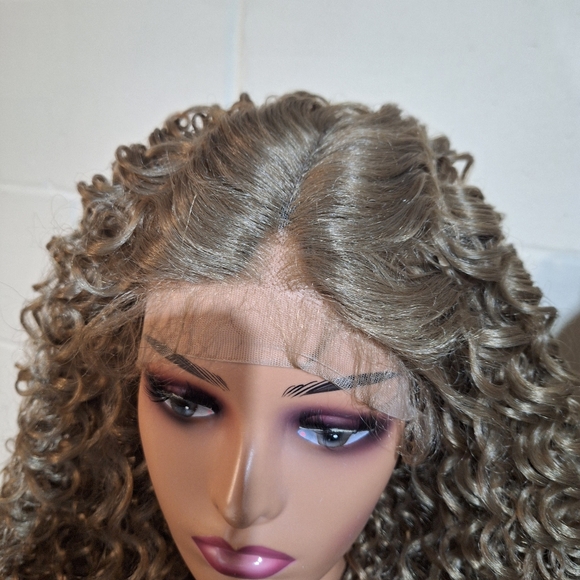 Curly Brown Human Hair Blend Lace Front Wig - Picture 6 of 8